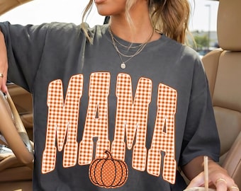 Retro Mama Pumpkin PNG: Trendy Fall Gingham Mama Shirt Sublimation Design (Digital Download)