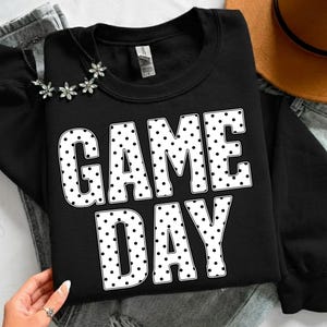 Game Day PNG: Black Polka Dot Game Day Shirt Design, Football Baseball Game Day Shirt png, Team Spirit Shirt Design