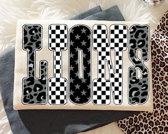 Lions PNG: Retro Lions Star Leopard Checkerboard Letters, School Spirit Game Day Sublimation Design, Varsity Football Shirt PNG