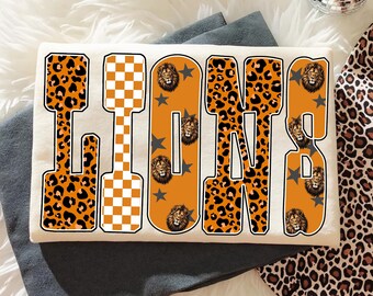 Lions Mascot PNG: Football Game Day Leopard Checkered Letters with Lion Head Sublimation, Team Spirit Shirt Design Digital Download
