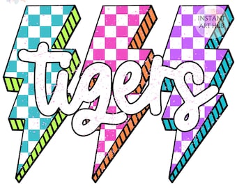 Tigers Mascot Png, Neon Tigers Png, Checkered Png, Retro Tigers Sublimation, Game Day Png, Team Spirit Shirt Digital Download