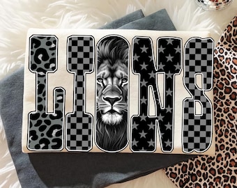 Lions PNG: Football Game Day Leopard Checkered Letters with Lion Head Sublimation, Team Spirit Fall Shirt Design, Digital Download