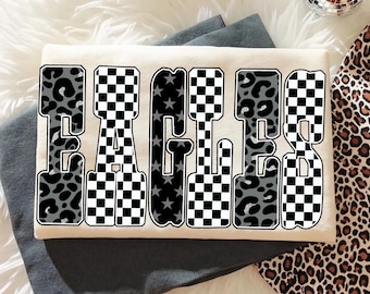 Eagles PNG, Retro Checkered Leopard Star Letters, Game Day School Spirit Shirt, Black White Bold Text Sublimation Design PNG