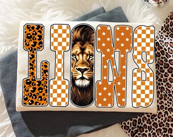 Lions PNG: Football Game Day Leopard Checkered Letters with Lion Head Sublimation, Team Spirit Fall Shirt Design, Digital Download
