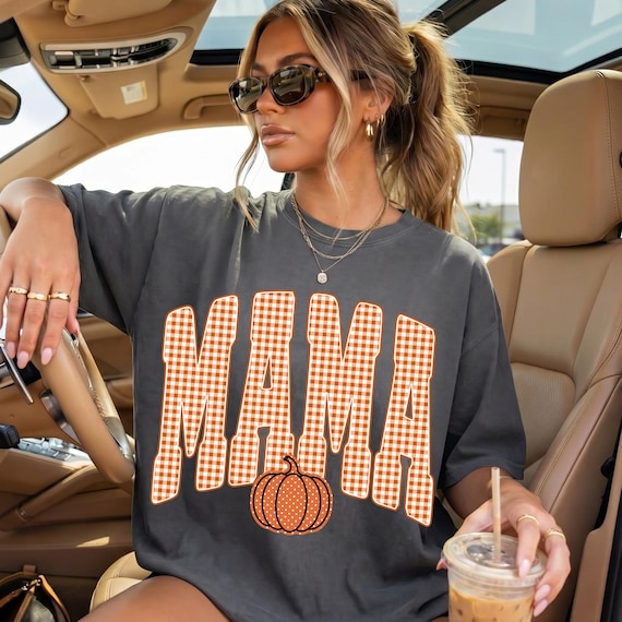 Retro Mama Pumpkin PNG: Trendy Fall Gingham Mama Shirt Sublimation Design (Digital Download)