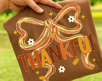 Preppy Thankful PNG Thanksgiving Hand Drawn Doodle Bow Png Coquette Leopard Glitter Fall Retro Neutral Whimsical Trendy Sublimation 2025