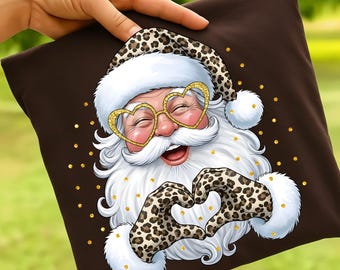 Leopard Print Santa PNG Trendy Christmas Sublimation Design Glam Santa with Heart Hands Gold Glitter Holiday Clipart Download Merry & Bright