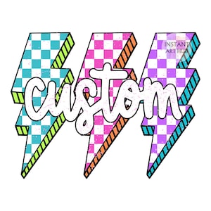 May include: Three colorful lightning bolt graphics with a checkered pattern in teal, pink, and purple. The word "custom" is written across the bolts in a white, cursive font. The image has a distressed, vintage look.