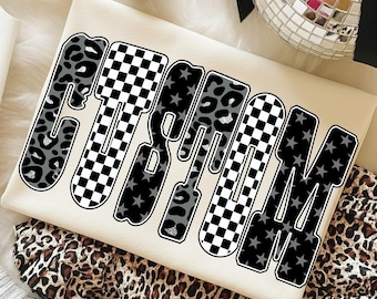 Custom Team Name PNG: Personalized School Spirit Sublimation, Editable Team Shirt PNG, Checkered Star Leopard Letters PNG