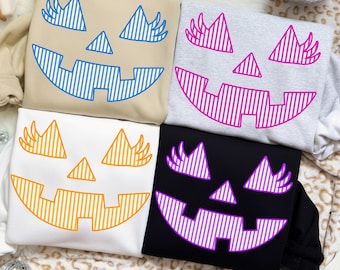 Seersucker Pumpkin Face PNG: Girly Halloween Jack O Lantern Sublimation, Bright Fall Shirt Design with Lashes, Digital Download