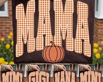 Retro Fall Mama Nana Gigi Mimi Mini  PNG Bundle: Orange Gingham Shirt Design, Pumpkin Season PNG, Retro Family Shirt Design Digital Download