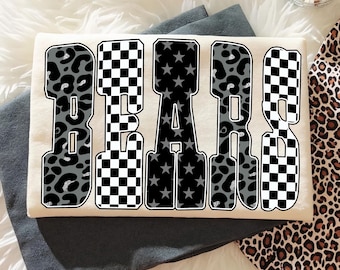 Osos retro PNG, Osos, tablero de ajedrez, leopardo, letras de estrellas, diseño de sublimación para el día del partido escolar, diseño de camiseta escolar en blanco y negro