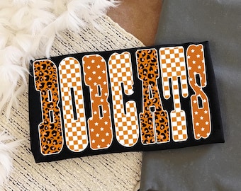 Bobcats-mascotte png, speldag sublimatieontwerp, schoolteamshirt png, geruite sterluipaardletters png, naam mascotteteam, bobcats-png