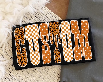 Custom Team Name PNG: Personalized School Spirit Sublimation, Editable Team Shirt PNG, Checkered Star Leopard Letters PNG, Custom Football