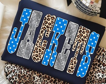Jackets Mascot PNG: Game Day Sublimation Design, Leopard Star Checker Print Letters PNG, Team Spirit Shirt Download, Sports School PNG