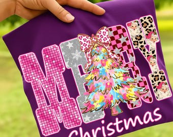 Merry Christmas PNG with Coquette Tree and Bold Patchwork Letters, Pink Bow Holiday Sublimation Design Digital Download