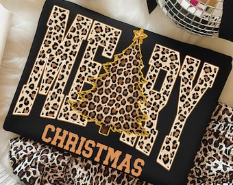 Preppy Merry Christmas Tree Png, Coquette Leopard Christmas Png, Faux Glitter Png, Christmas Season PNG Digital Download
