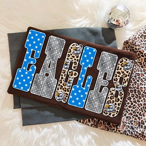 May include: A brown rectangular item with the word "EAGLES" in a mix of blue star patterns, silver mosaic, and leopard print. Eagle head graphics are incorporated. A small disco ball is in the background.