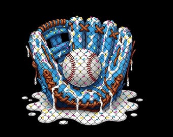May include: A baseball glove and ball illustration with a dessert theme. The blue glove is decorated with white icing and colorful sprinkles. The baseball also has sprinkles and is inside a net.