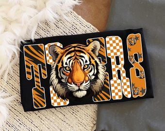 Tigers Mascot Face PNG, School Spirit Tiger Sublimation, Leopard Checkerboard Varsity Letters with Tiger Head, Team Pride Png, Tigers PNG