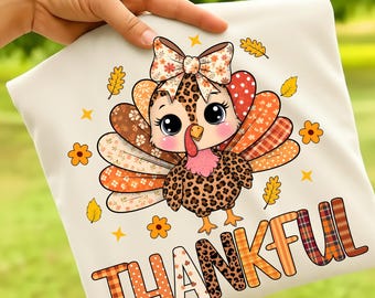 Thankful Turkey PNG: Trendy Thankful Fall Png, Boho Thanksgiving Png, Girly Fall Shirt Sublimation, Preppy Thanksgiving Png Digital Download