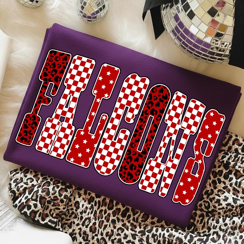 Falcons PNG, Red Checkered Star Leopard Letters Sublimation, School ...