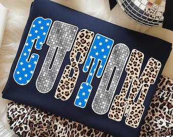 Custom Team Name PNG: Personalized School Spirit Sublimation, Editable Team Shirt PNG, Checkered Star Leopard Letters PNG, Custom Football