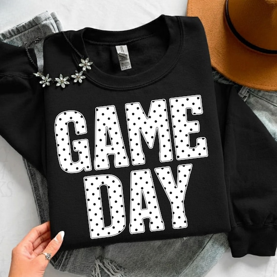 Game Day PNG: Black Polka Dot Game Day Shirt Design, Football Baseball Game Day Shirt png, Team Spirit Shirt Design