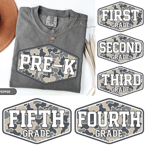 Retro Camo Back To School Png Bundle, Camo First Day Of School Png, Pre-k First Second Grade Png, Old School Camo Png, School Boy Png