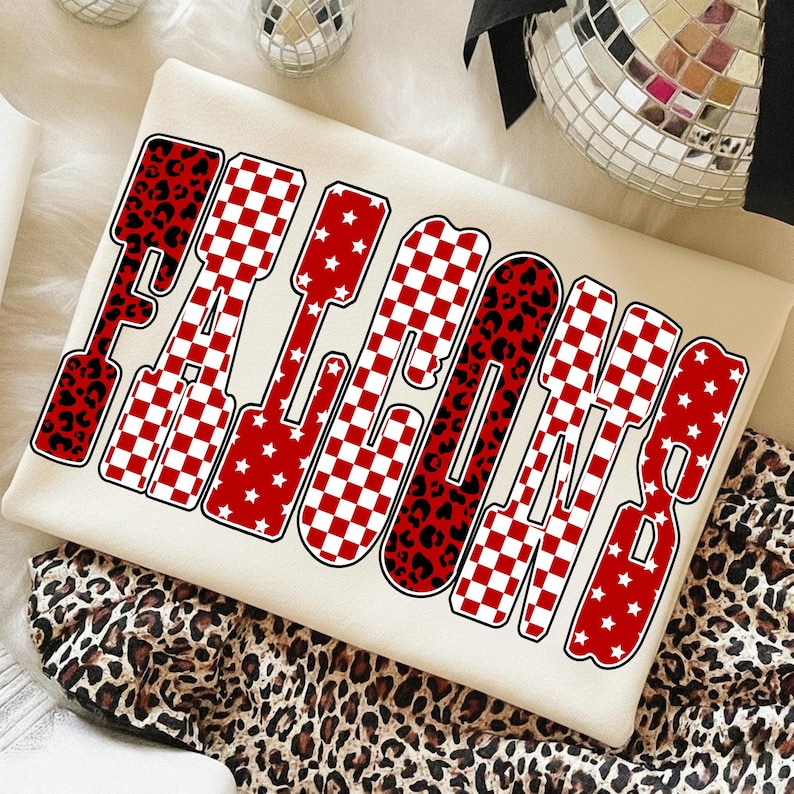 Falcons PNG, Red Checkered Star Leopard Letters Sublimation, School ...