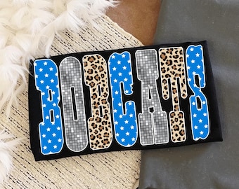 Bobcats-mascotte png, gamedag-sublimatieontwerp, geruite sterluipaardletters png, naam mascotteteam, bobcats-png, schoolteamshirt png