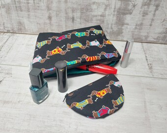 Sausage dog gift ideas with make up bag and coin purse. Perfect gift for daschund dog lover