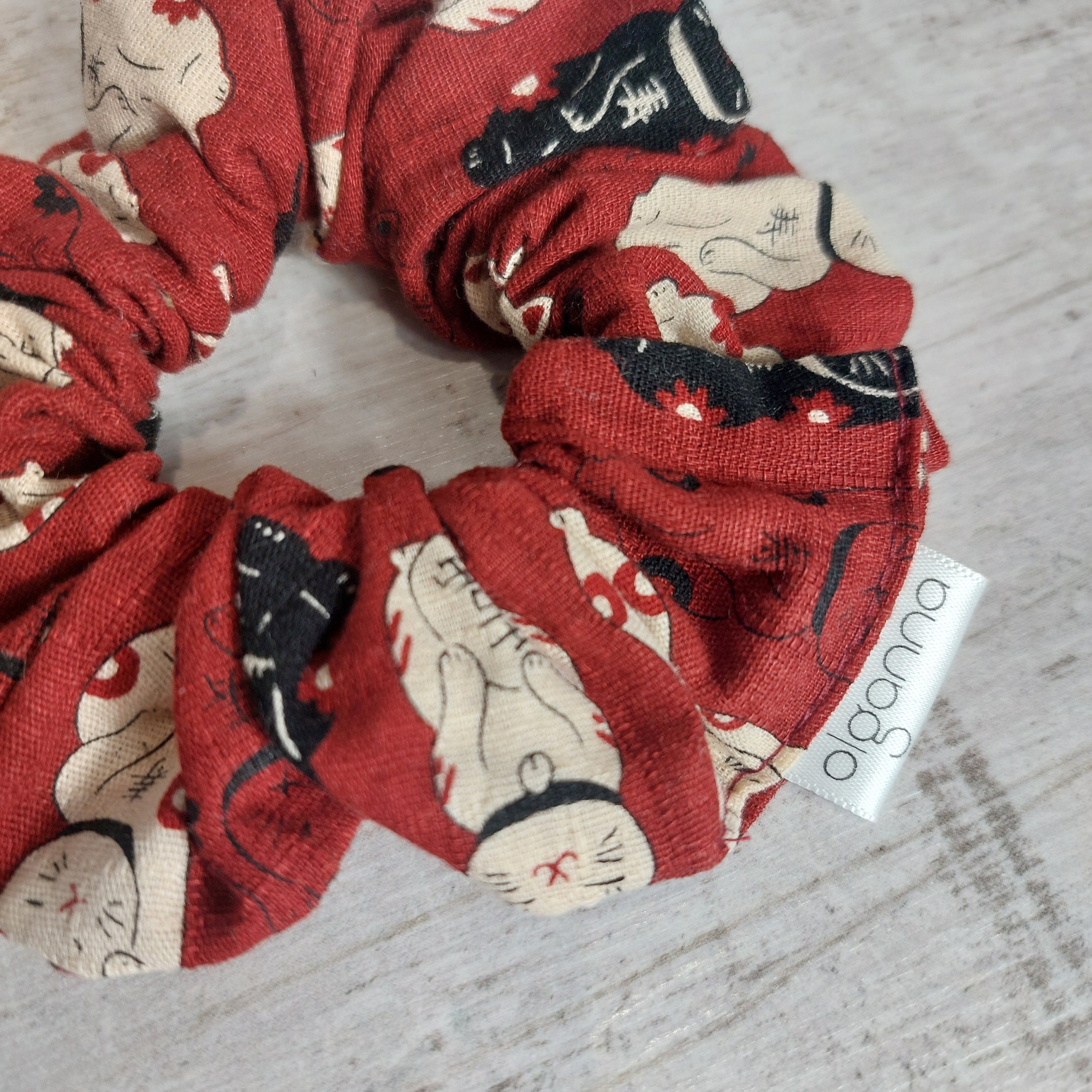 Red Lucky Cat Scrunchie | Maneko Neko Hair Accessory Handmade in the UK