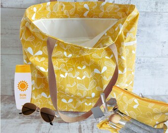 Summer Holidays Overnight Bag Gift Set with Yellow Bag and Make Up Organiser and Brushes. Useful and Thoughtful Gift for her girls trip!
