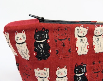 Lucky Cat Make up Bag in Taupe Red or Black