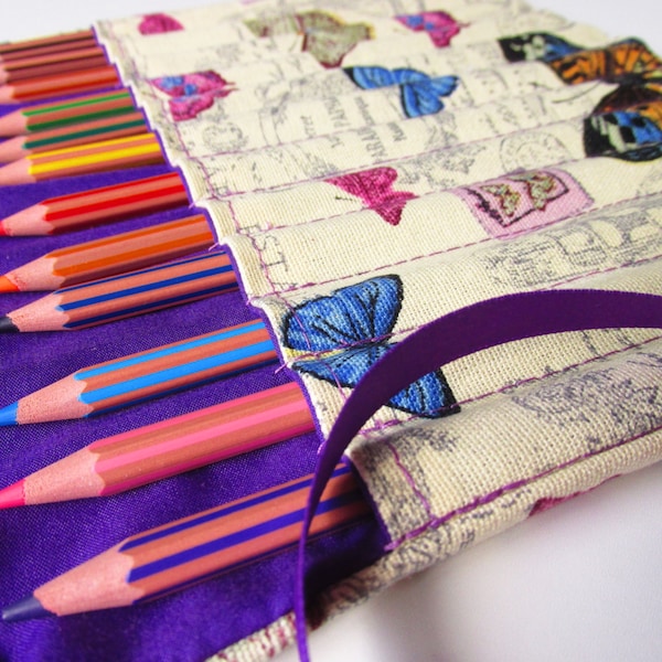 Purple Butterfly Roll Up Pencil Case with individual slots for pencils