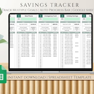 May include: A digital savings tracker spreadsheet template displayed on a laptop screen. The spreadsheet, designed for Google Sheets, tracks multiple financial goals with an auto-progress bar. The text "SAVINGS TRACKER" and "INSTANT DOWNLOAD" are visible.