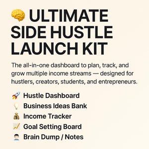 以下が含まれることがあります： 「ULTIMATE SIDE HUSTLE LAUNCH KIT」のテキストと脳の絵文字が描かれたグラフィック。起業家やクリエイター向けに設計された「Hustle Dashboard」や「Income Tracker」などの機能がリストされています。