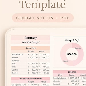 May include: A digital monthly budget template with a soft pink and white color scheme. The template includes sections for cash flow, savings, and investments, with a pie chart visualizing budget balance. Text includes "Monthly Budget Template" and "GOOGLE SHEETS + PDF."