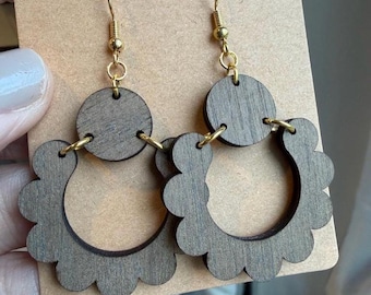 Scalloped Wood Dangle Earrings | Walnut Wood Flower Hoops | Boho Minimalist Jewelry | Lightweight Wooden Statement Earrings | Gift for Her
