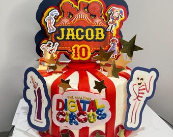 Erstaunlicher digitaler Zirkus Cake Topper - Personalisierte Geburtstagsparty-Dekoration