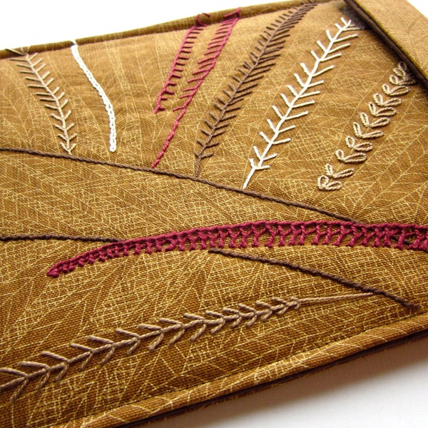 iPad sleeve - hand embroidered iPad 2 cover - tablet case - woodland leaves in burgundy and brown - quilt lined slim design - iPad 2