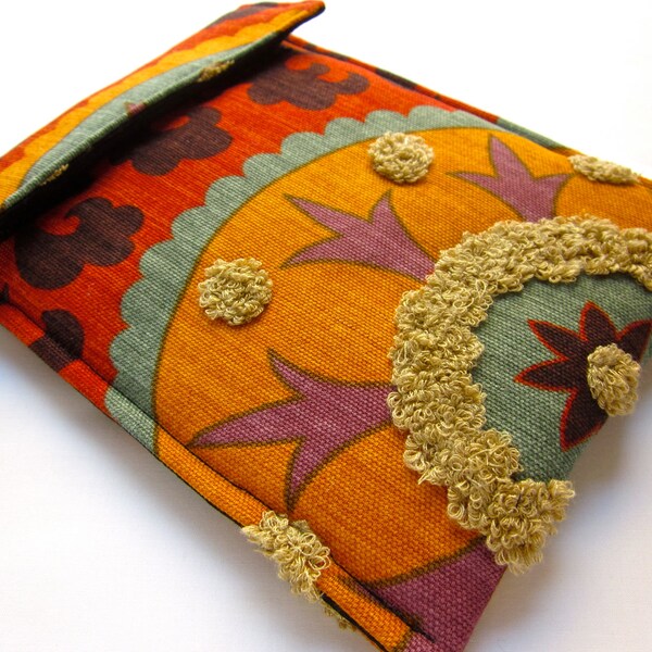 Kindle sleeve - Kindle touch - Kindle Paperwhite - embroidered gadget - tribal threads sunset purple red turquoise taupe orange case 