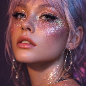 May include: A close-up of a face with pink and purple hair and glitter makeup. The glitter is applied to the eyelids, cheeks, and neck, creating a sparkling effect. The model is wearing large hoop earrings.