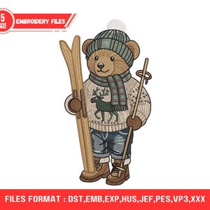 Puede incluir: Diseño bordado de un oso con gorro de invierno, bufanda y suéter, sosteniendo esquís y bastones. El oso lleva vaqueros azules y botas marrones. El diseño incluye el texto "EMBROIDERY FILES".