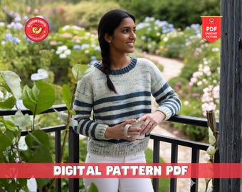Patrón para tejer un jersey raglán a rayas, ideal para principiantes (descarga digital).