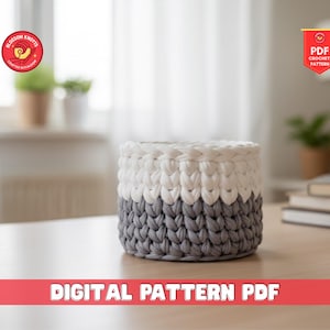 Patrón de cesta de crochet para principiantes, fácil de usar, para guardar hilo de camiseta, patrón de cuenco, decoración moderna para el hogar, patrón de crochet, organización DIY