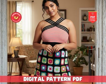Granny Square Skirt Crochet Pattern, Boho Hippie Style (PDF Pattern)