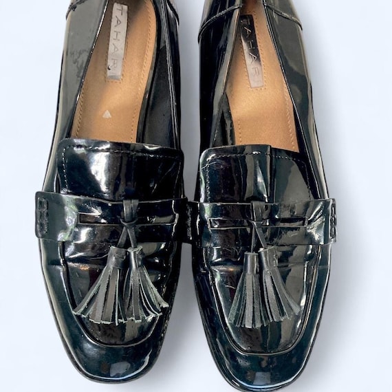 Tahari Black Patent Loafers With Tassels Size Excellent