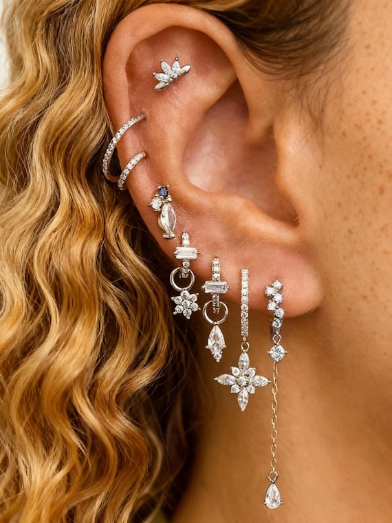 8Pcs CZ Dangle Drop Silver Earrings Set: Minimalist Y2k Earring Stack